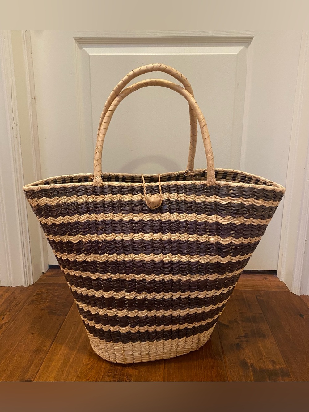 Hand Woven Striped Market Tote Bag in Natural and Dark Brown;
